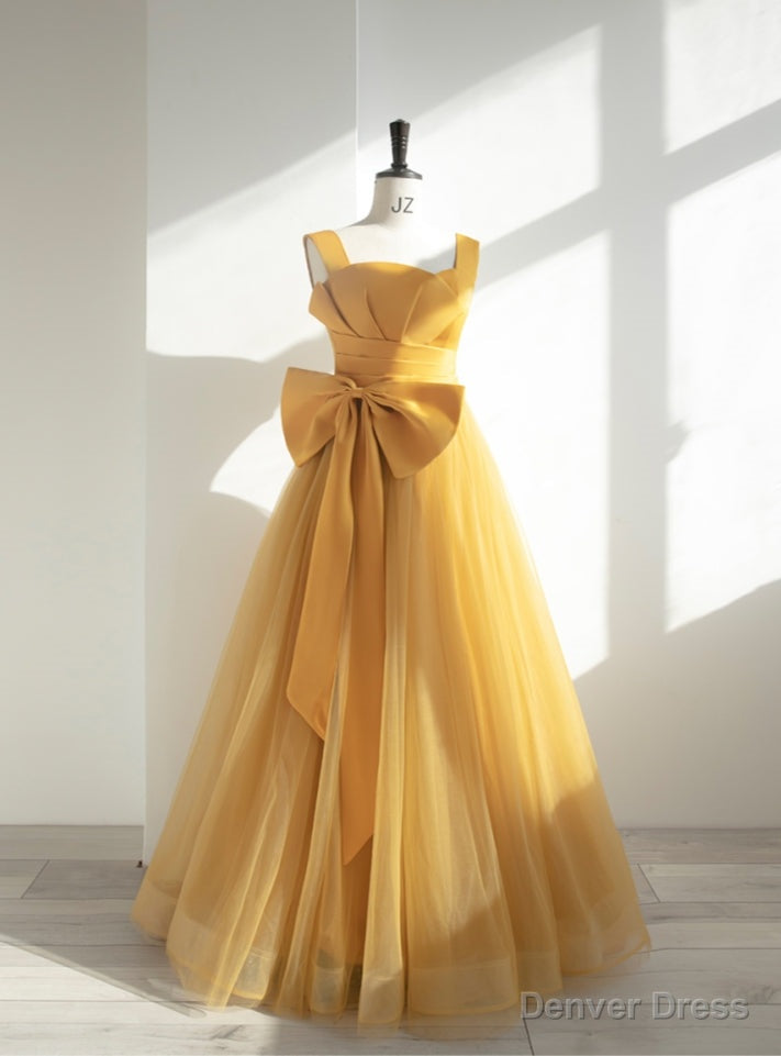 Yellow Tulle Straps Bow Pleats Prom Dresses Main image