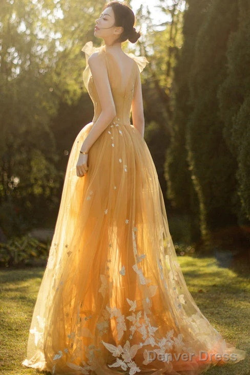 Yellow Tulle With White Lace Long Evening Dress, Yellow Straps Prom Dresses Secondary image