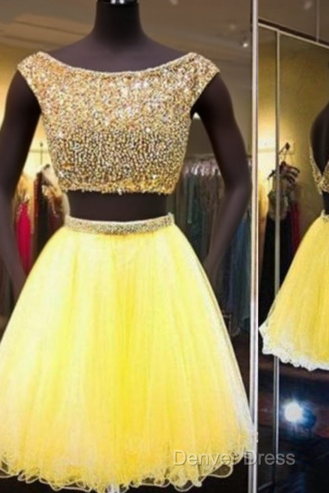 Yellow Two Piece Cap Sleeve Homecoming Dresses Beaded Main image
