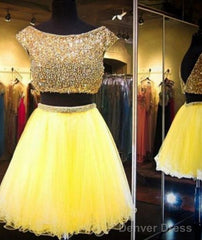 Yellow Two Piece Cap Sleeve Homecoming Dresses Beaded