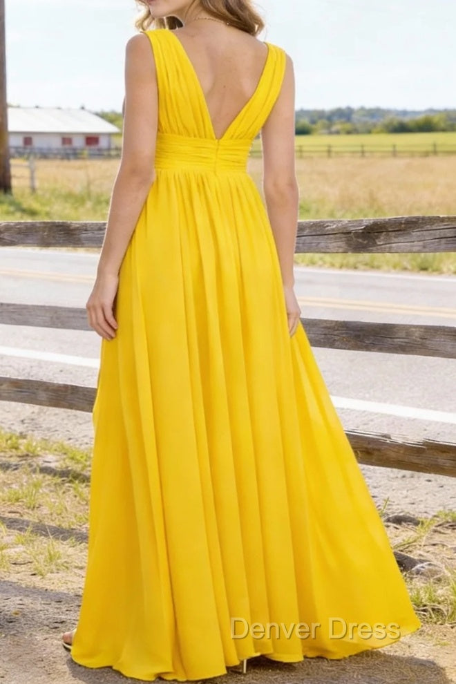 Yellow V Neck Chiffon Floor Length Bridesmaid Dress Long Bridesmaid Dresses With Pleated Split Secondary image