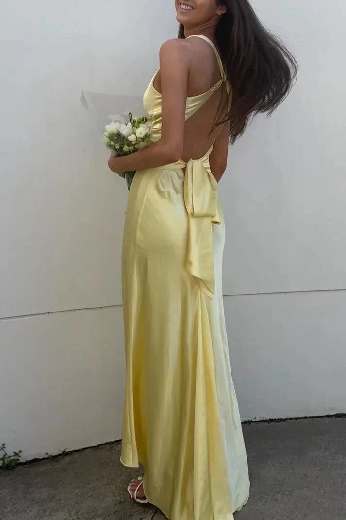 Yellow V-Neck Backless Fashion Elegant Long Satin Ball Gowns Prom Dress Wedding Guest Prom Dresses Secondary image