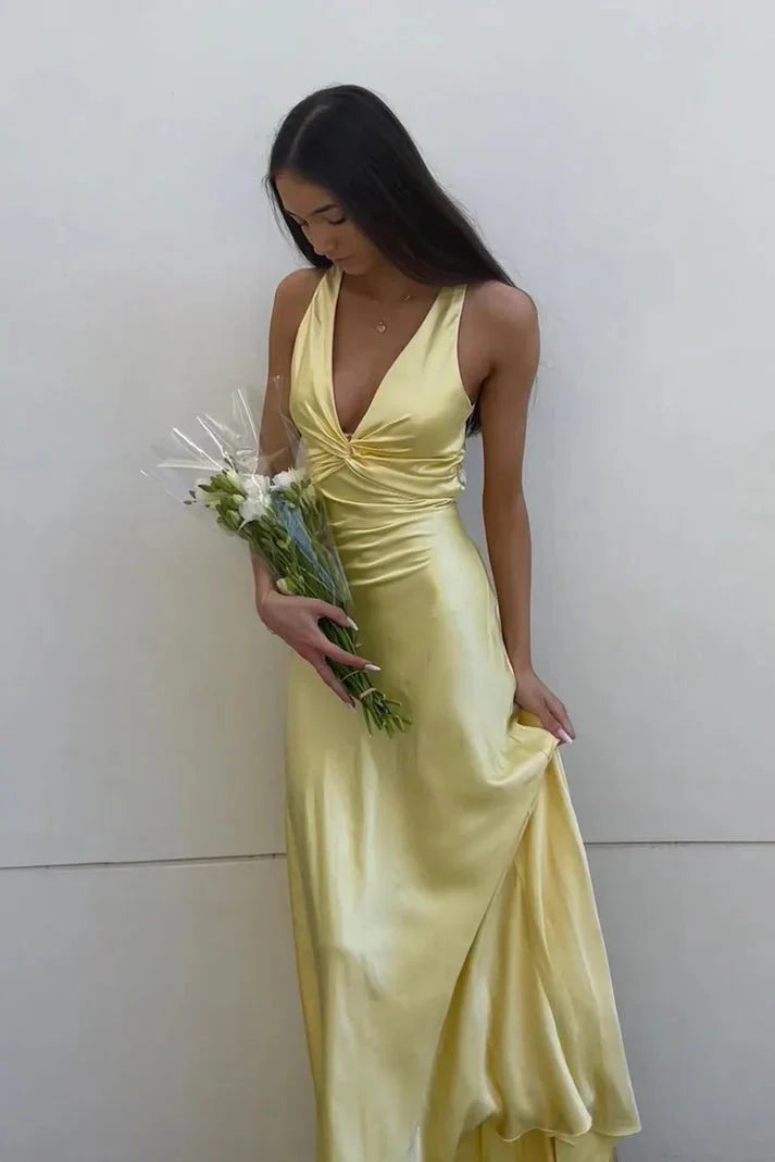 Yellow V-Neck Backless Fashion Elegant Long Satin Ball Gowns Prom Dress Wedding Guest Prom Dresses Main image