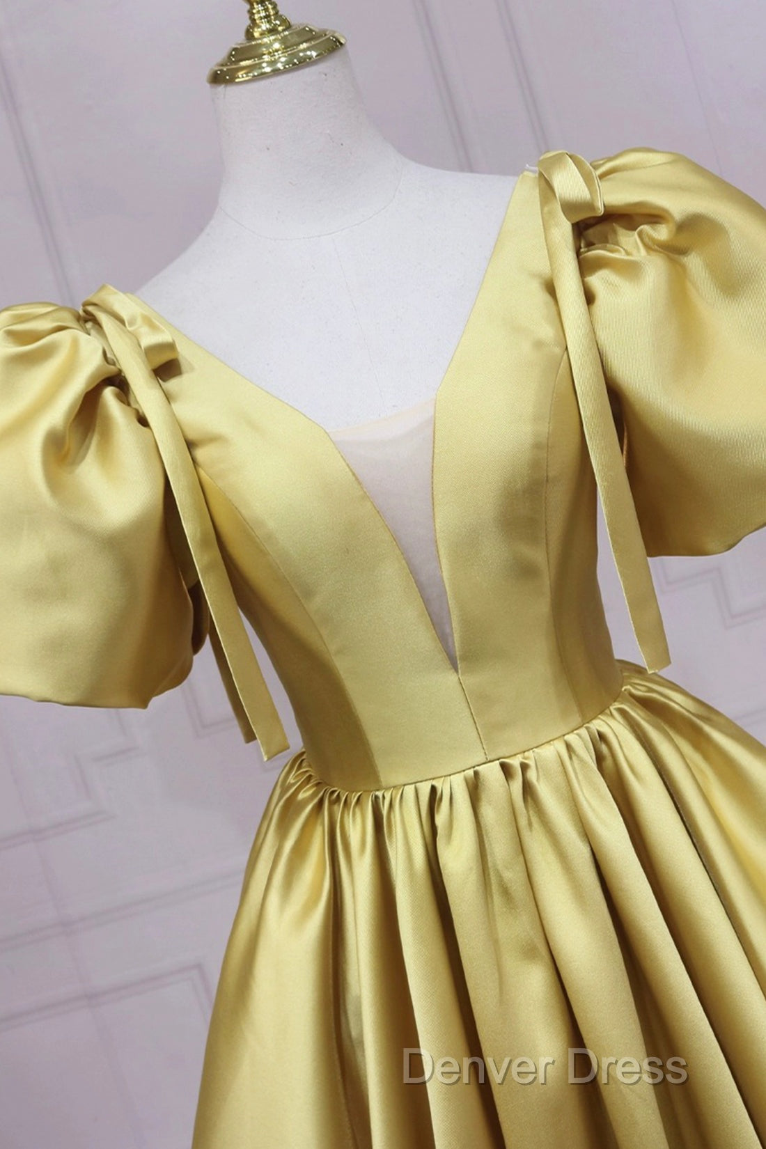 Yellow V-Neck Satin Long Prom Dresses, A-Line Puff Sleeves Evening Party Dresses Secondary image