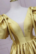 Yellow V-Neck Satin Long Prom Dresses, A-Line Puff Sleeves Evening Party Dresses