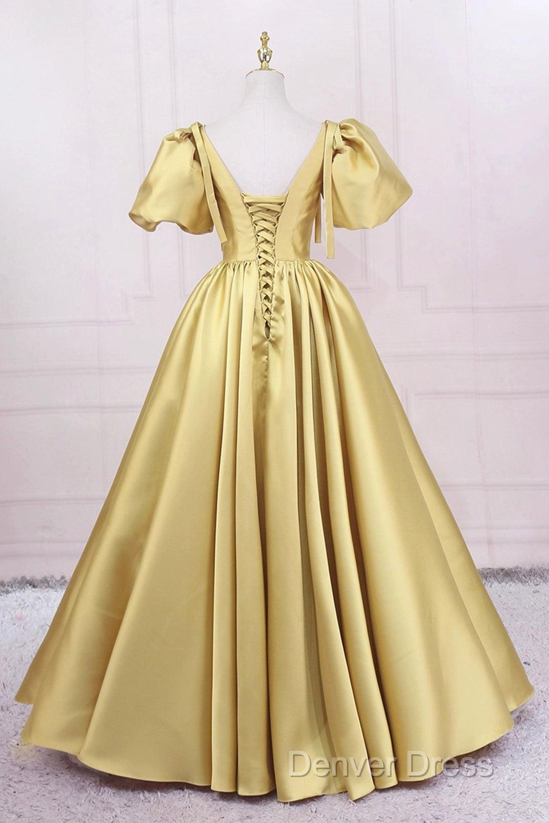 Yellow V-Neck Satin Long Prom Dresses, A-Line Puff Sleeves Evening Party Dresses