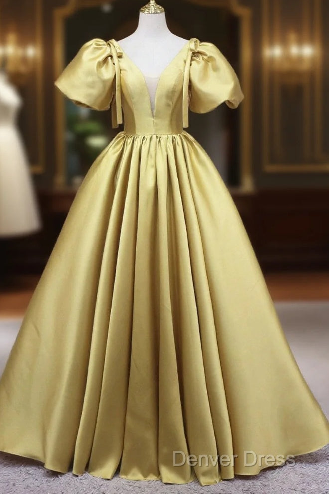 Yellow V-Neck Satin Long Prom Dresses, A-Line Puff Sleeves Evening Party Dresses Main image