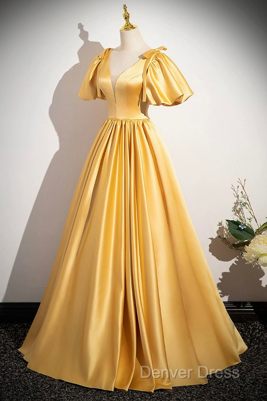 Yellow V-Neck Satin Long Prom Dresses, Yellow A-Line Short Sleeve Evening Dresses