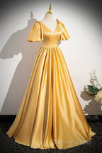 Yellow V-Neck Satin Long Prom Dresses, Yellow A-Line Short Sleeve Evening Dresses
