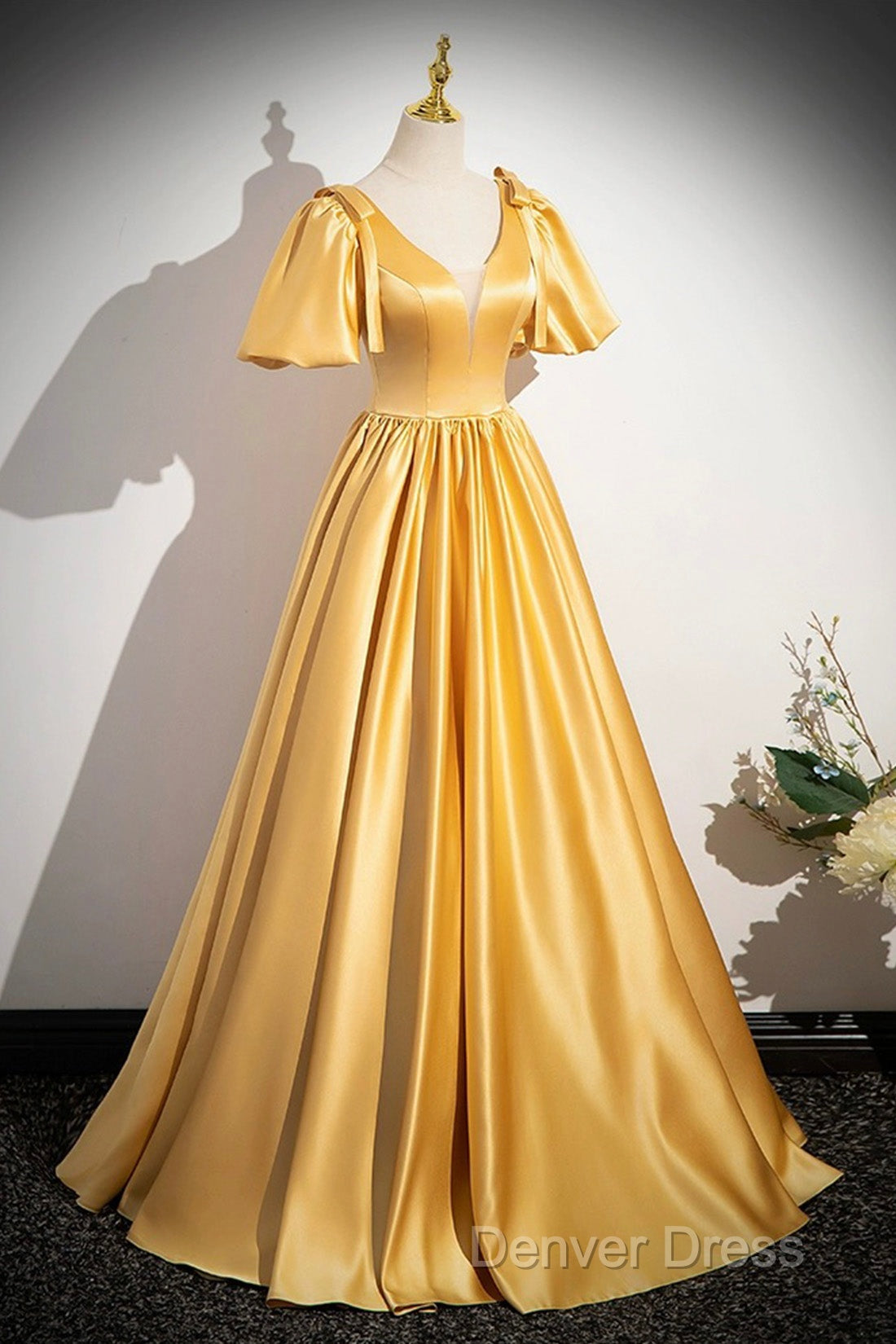 Yellow V-Neck Satin Long Prom Dresses, Yellow A-Line Short Sleeve Evening Dresses