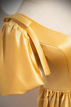 Yellow V-Neck Satin Long Prom Dresses, Yellow A-Line Short Sleeve Evening Dresses