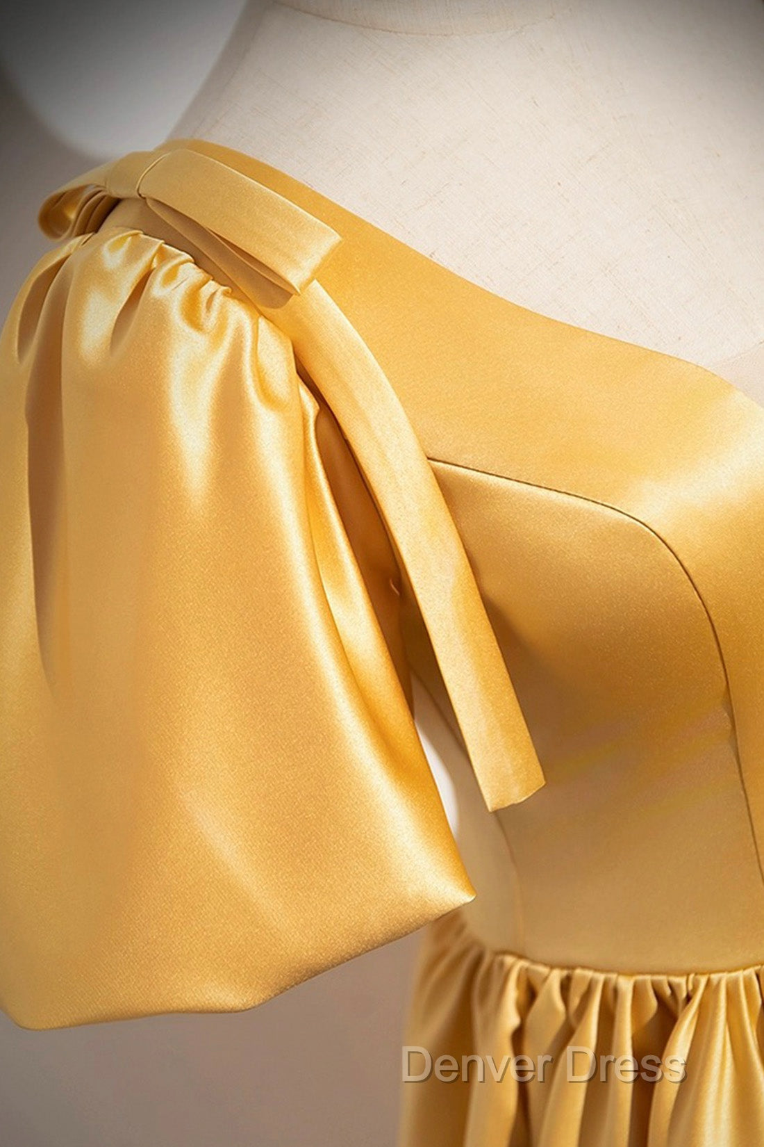 Yellow V-Neck Satin Long Prom Dresses, Yellow A-Line Short Sleeve Evening Dresses