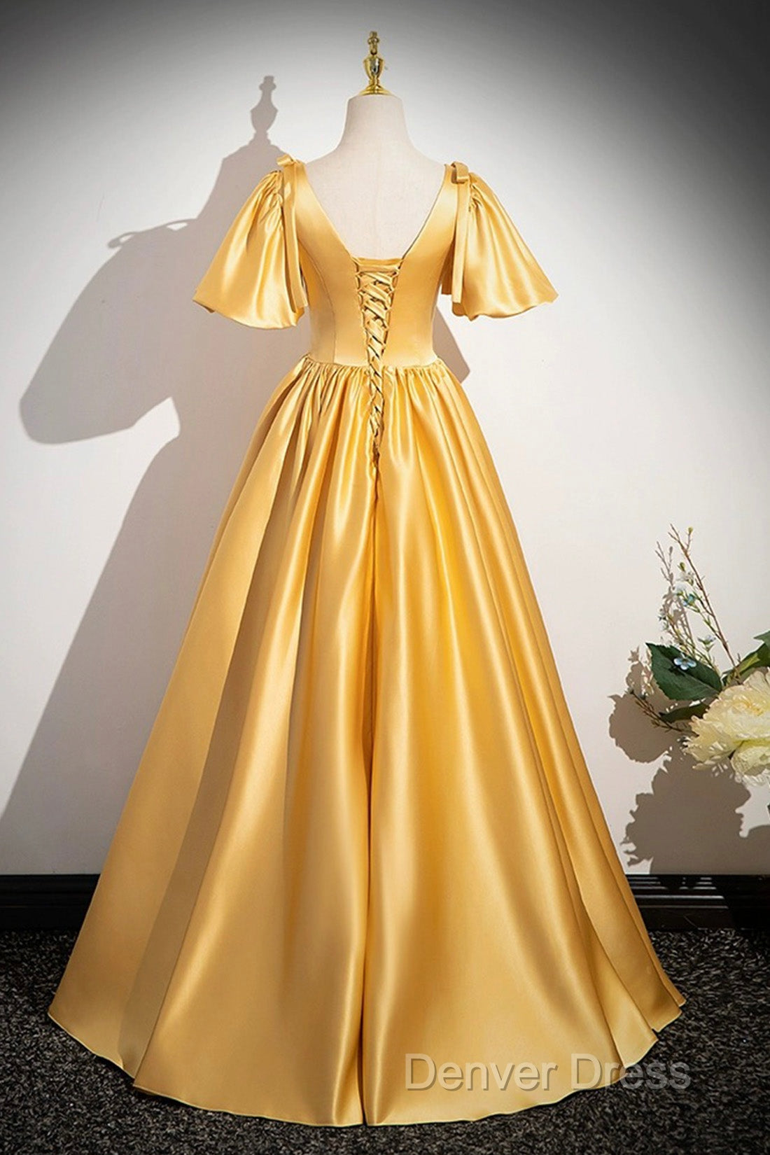 Yellow V-Neck Satin Long Prom Dresses, Yellow A-Line Short Sleeve Evening Dresses