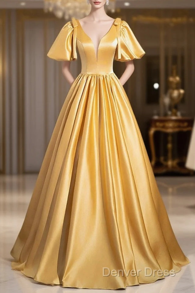 Yellow V-Neck Satin Long Prom Dresses, Yellow A-Line Short Sleeve Evening Dresses