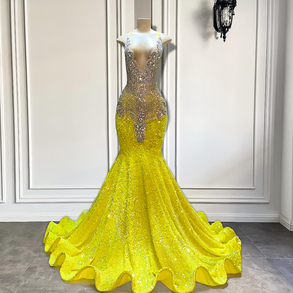 Yellow V-Neck Sleeveless Mermaid Prom Dresses Featuring Beadings And Sequins Secondary image