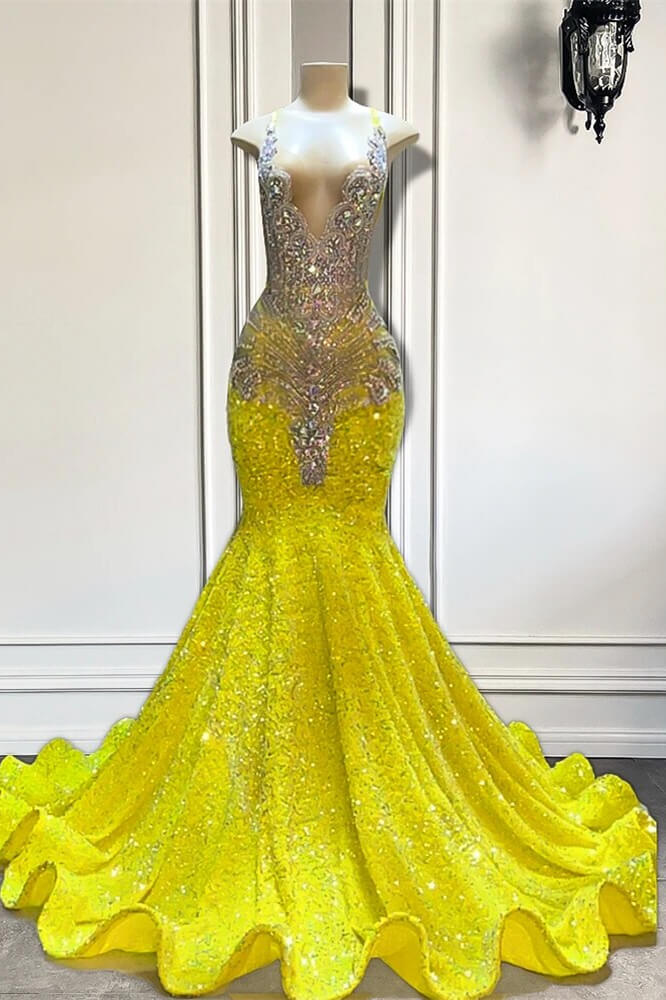Yellow V-Neck Sleeveless Mermaid Prom Dresses Featuring Beadings And Sequins Main image
