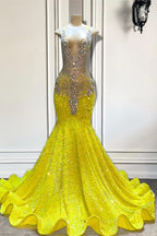 Yellow V-Neck Sleeveless Mermaid Prom Dresses Featuring Beadings And Sequins