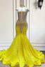 Yellow V-Neck Sleeveless Mermaid Prom Dresses Featuring Beadings And Sequins