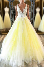 Yellow v neck tulle lace long prom Dress yellow Prom Dresses