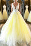 Yellow v neck tulle lace long prom Dress yellow Prom Dresses