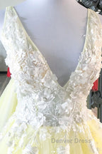 Yellow v neck tulle lace long prom Dress yellow Prom Dresses