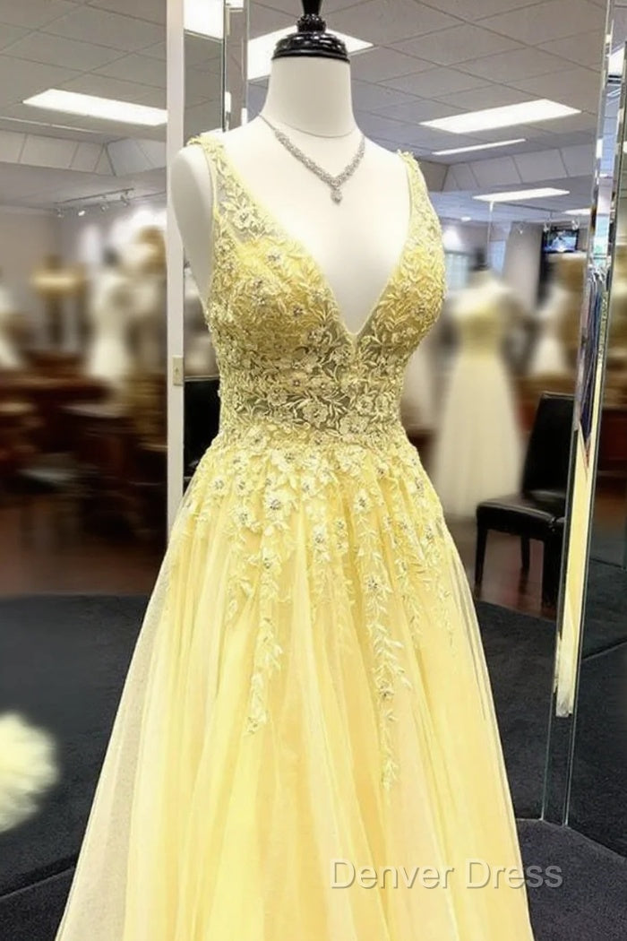 Yellow V Neck Tulle Lace Prom Dresses Evening Dresses Main image
