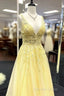 Yellow V Neck Tulle Lace Prom Dresses Evening Dresses