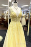 Yellow V Neck Tulle Lace Prom Dress