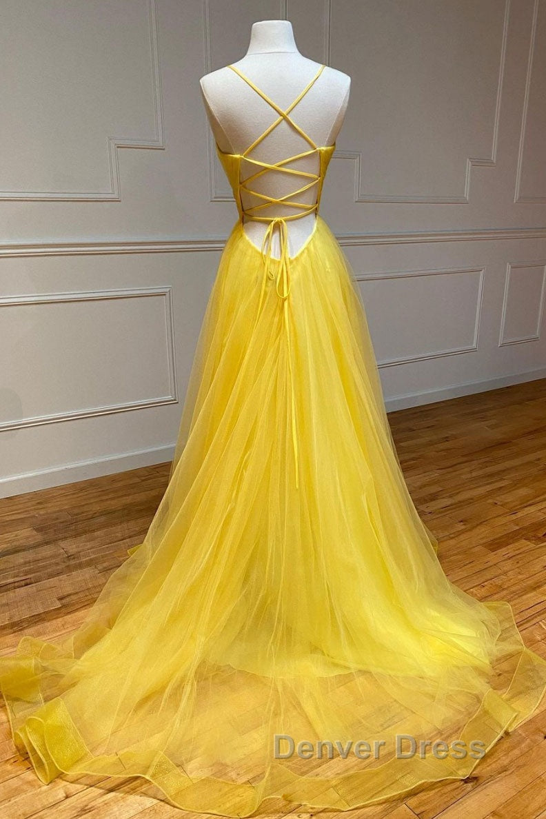 Yellow v neck tulle long prom Dress yellow Prom Dresses