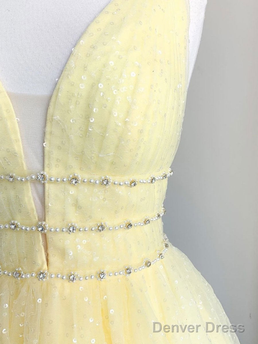 Yellow V Neck Tulle Sequin Short Prom Dress Yellow Formal Dress