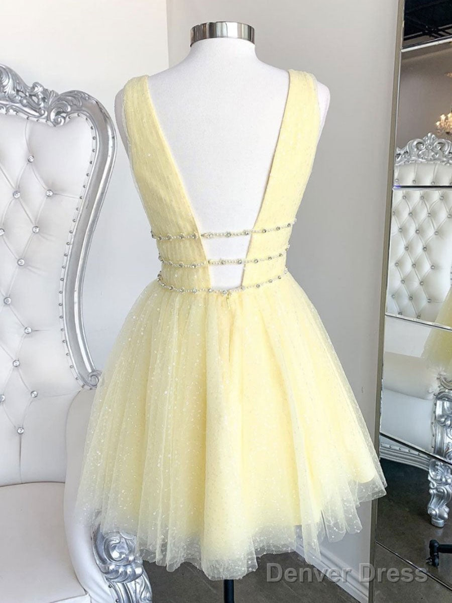 Yellow V Neck Tulle Sequin Short Prom Dress Yellow Formal Dress