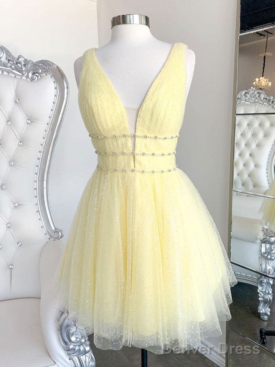 Yellow V Neck Tulle Sequin Short Prom Dress Yellow Formal Dress