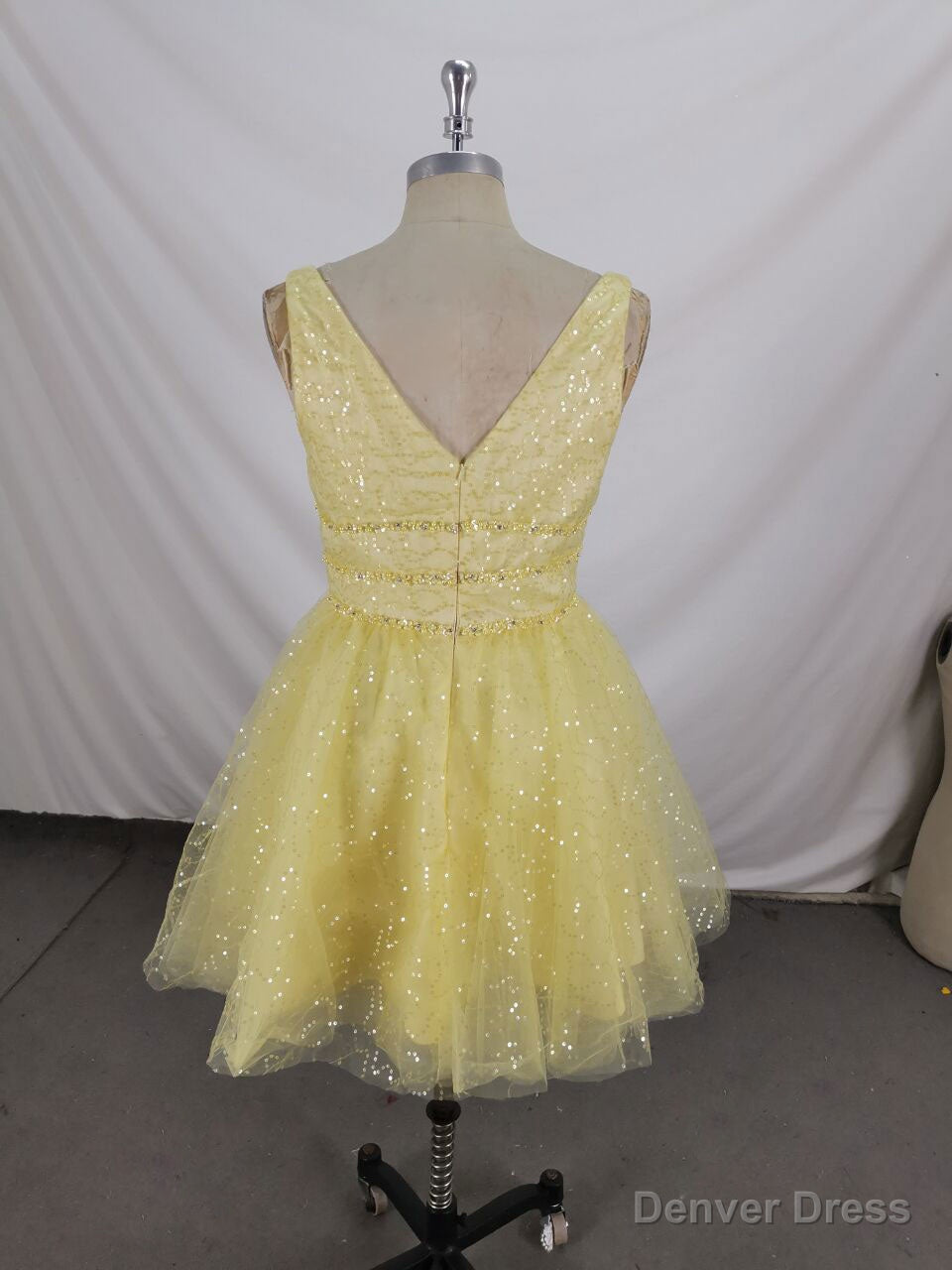 Yellow V Neck Tulle Sequin Short Prom Dress, Yellow Tulle Homecoming Dress Main image