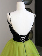 Black Velvet and Green Tulle Long Prom Dress, Green V-Neck Evening Dress