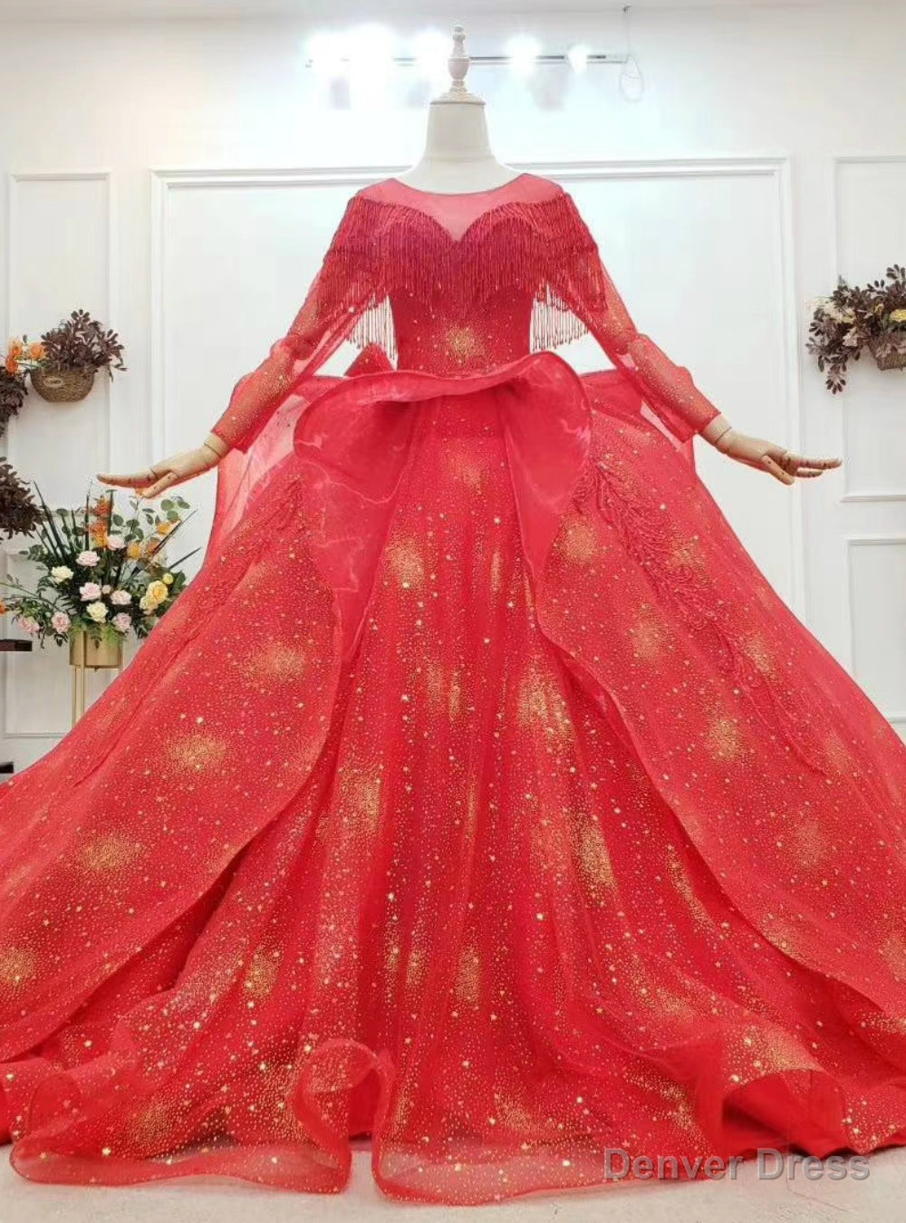 You Can Be The Star Red Ball Gown Tulle Gold Sequins Long Sleeve Beading Appliques Wedding Dress Main image