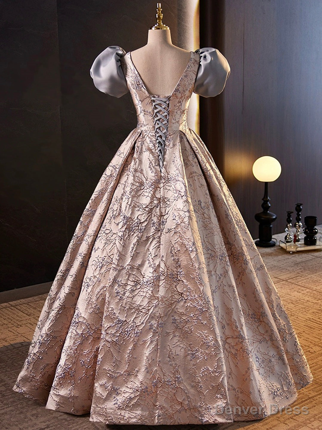 Stylish Floor-Length Printing Prom Dresses, A-Line Short Sleeve Backless Evening Formal Dresses