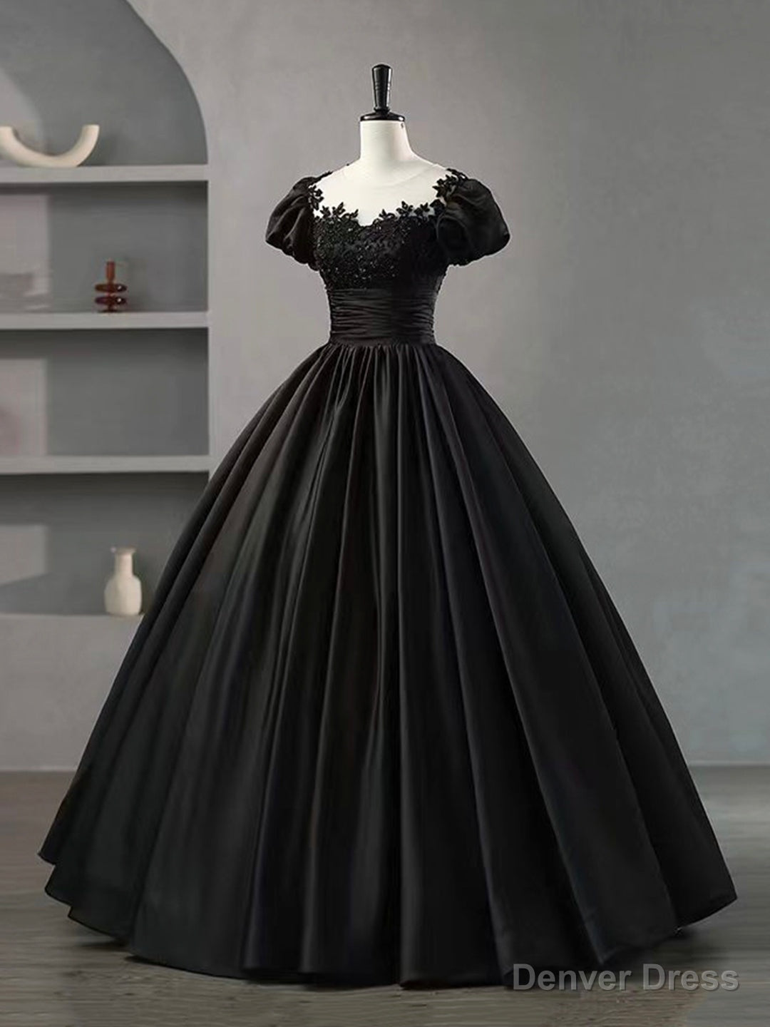 Black Scoop Neckline Satin Lace Long Prom Dress, A-Line Short Sleeve Party Dress Main image