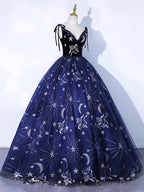Navy Blue Tulle Long Prom Dress, Spaghetti Straps Lace Flower Backless Evening Dress