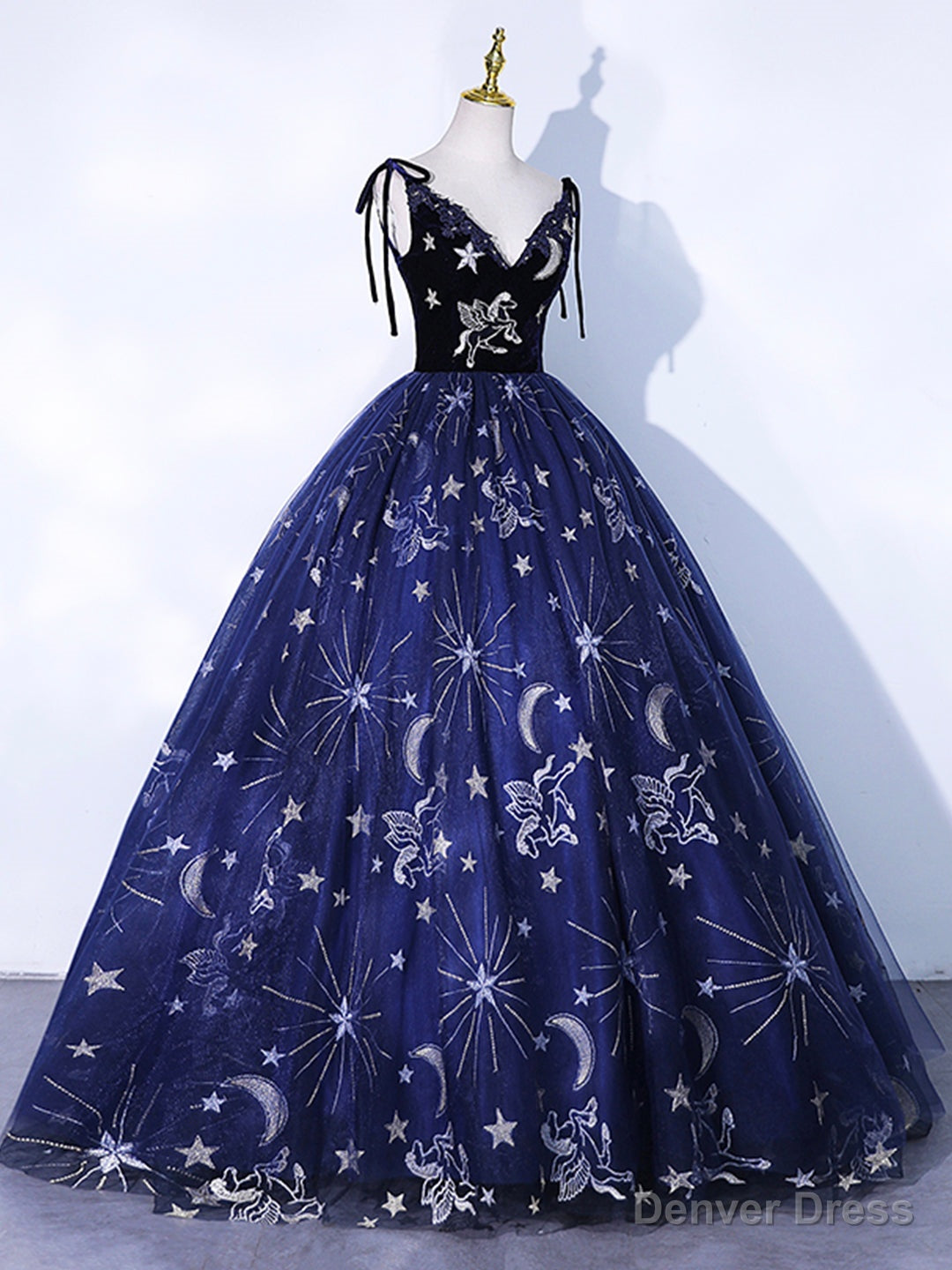 Navy Blue Tulle Long Prom Dress, Spaghetti Straps Lace Flower Backless Evening Dress