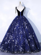 Navy Blue Tulle Long Prom Dress, Spaghetti Straps Lace Flower Backless Prom Dresses