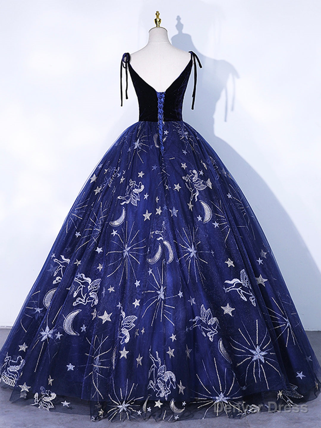 Navy Blue Tulle Long Prom Dress, Spaghetti Straps Lace Flower Backless Prom Dresses