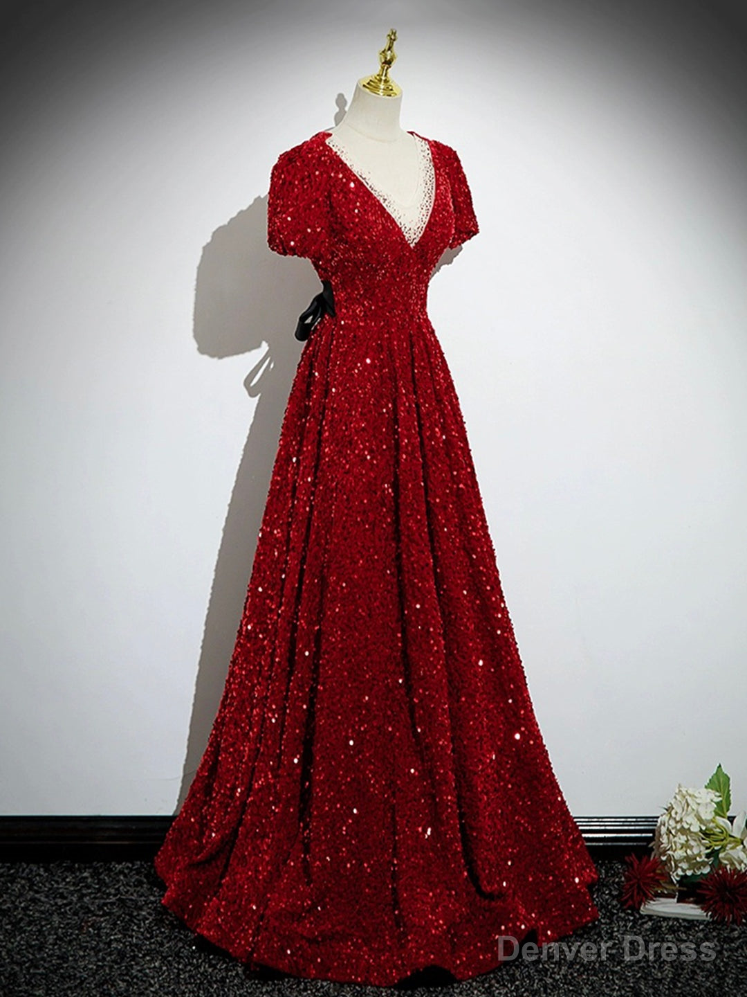 Burgundy V-Neck Sequins Long Prom Dress, A-Line Evening Party Dress with Bow Secondary image