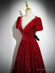 Burgundy V-Neck Sequins Long Prom Dress, A-Line Evening Party Dress with Bow