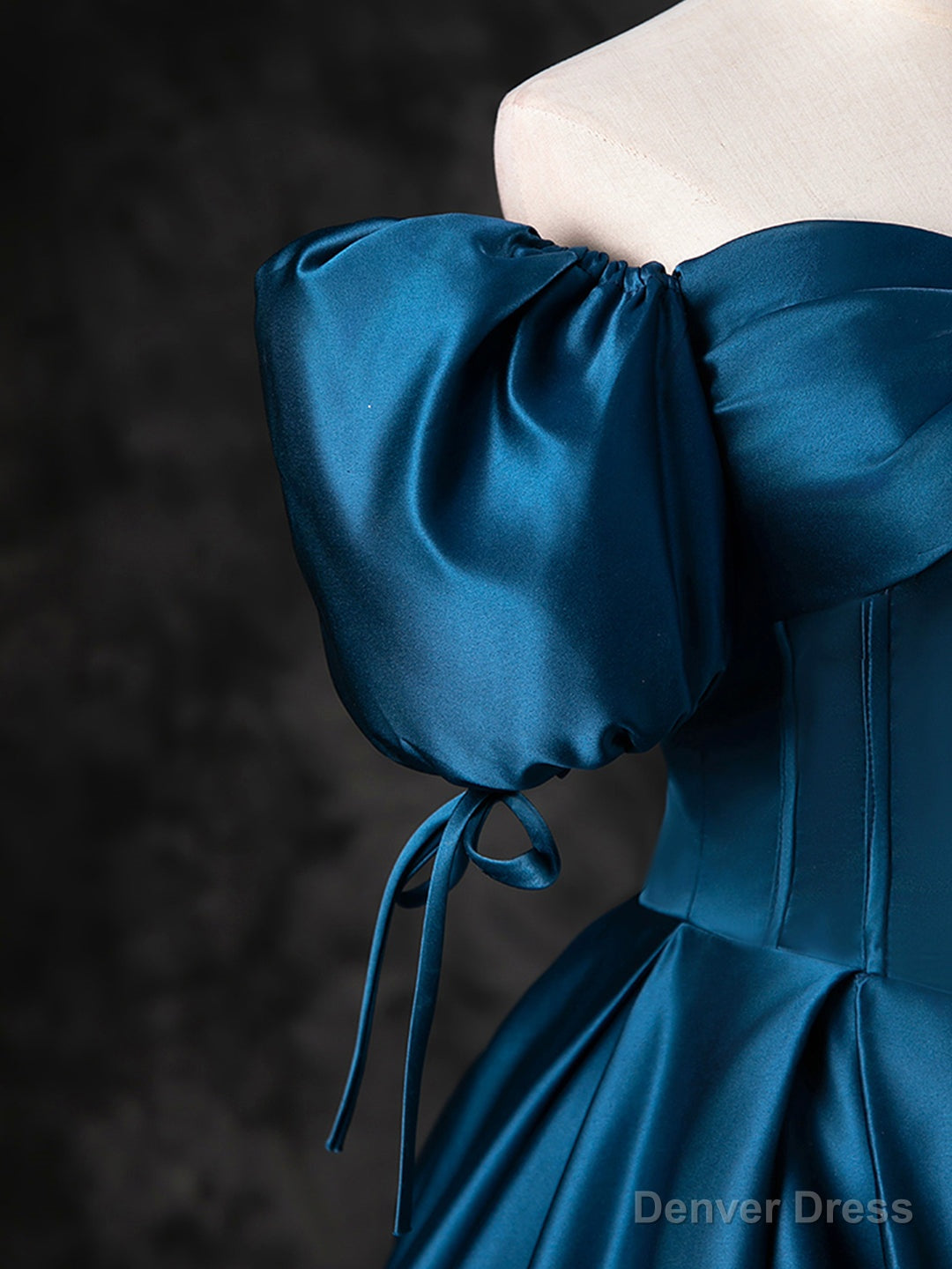 Blue Satin Off the Shoulder Floor Length Prom Dress, Blue A-Line Party Dress