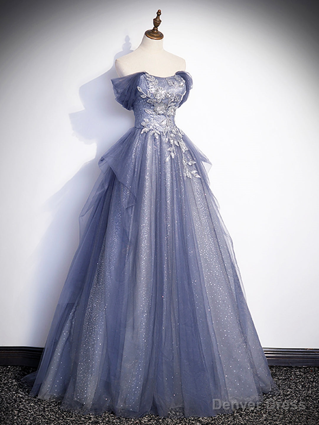 Charming Tulle Sequins A-Line Prom Dresses, Off the Shoulder Floor-Length Formal Dresses Main image
