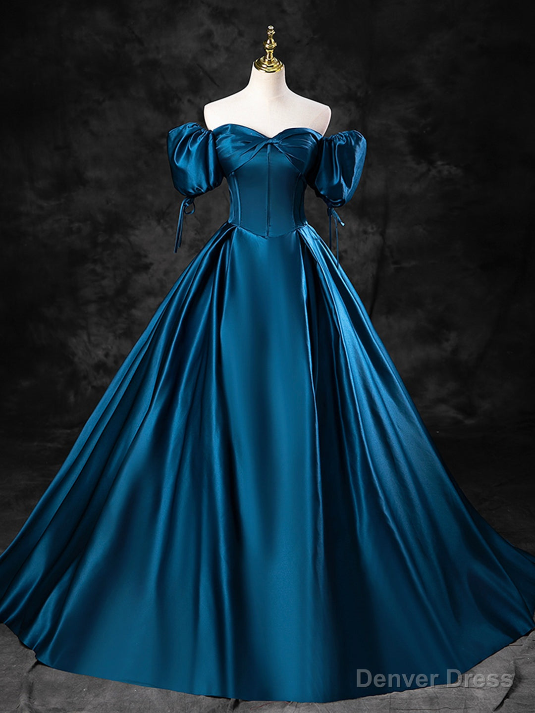 Blue Satin Off the Shoulder Floor Length Prom Dress, Blue A-Line Party Dress Secondary image