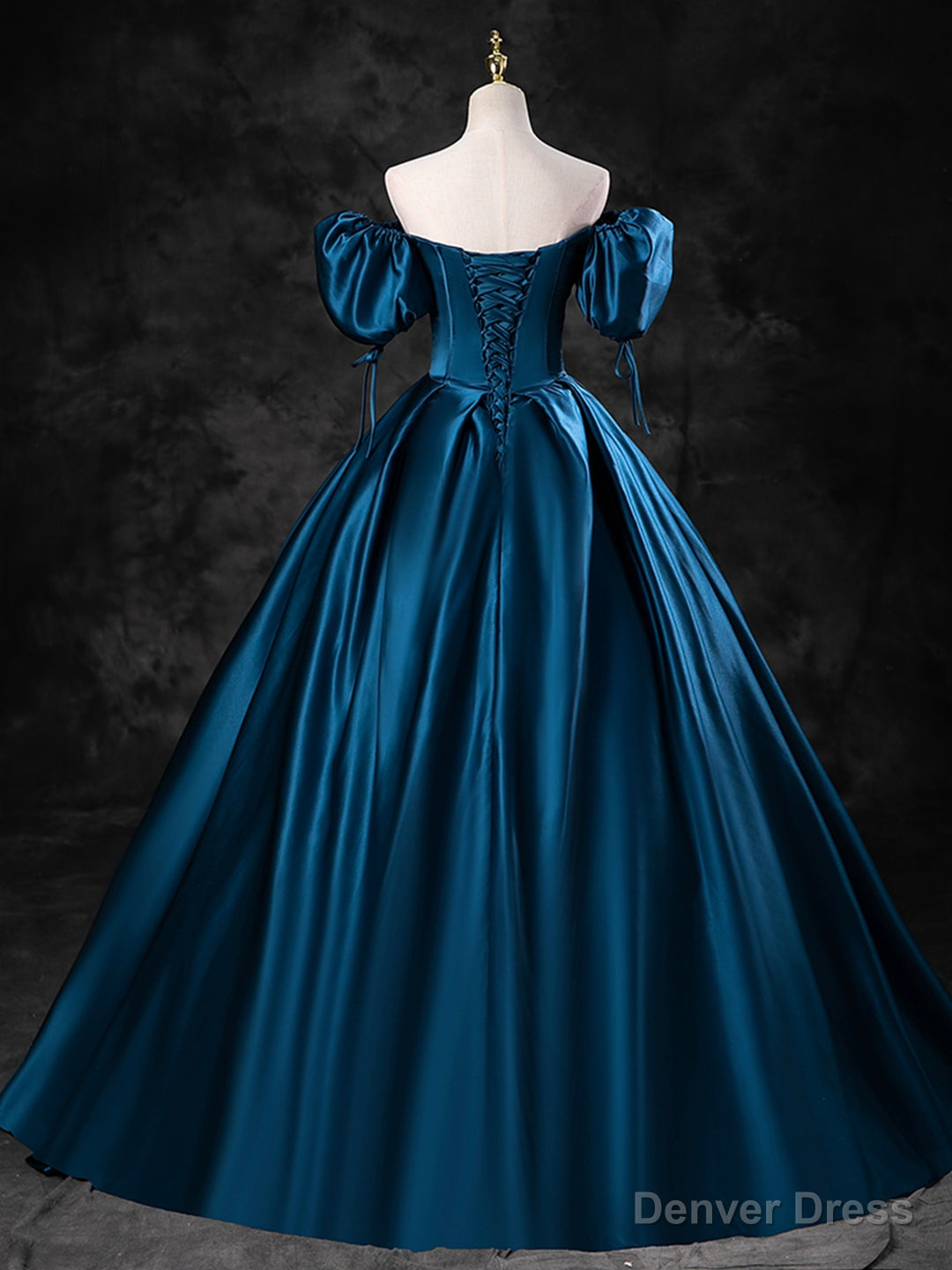 Blue Satin Off the Shoulder Floor Length Prom Dress, Blue A-Line Party Dress