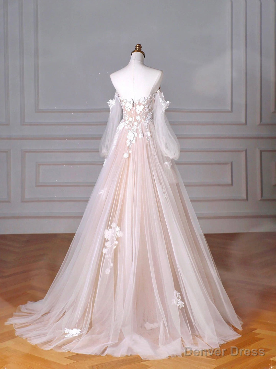 Champagne Tulle Lace Sweetheart Neck Long Formal Dress, A-Line Puff Sleeves Party Dress Secondary image