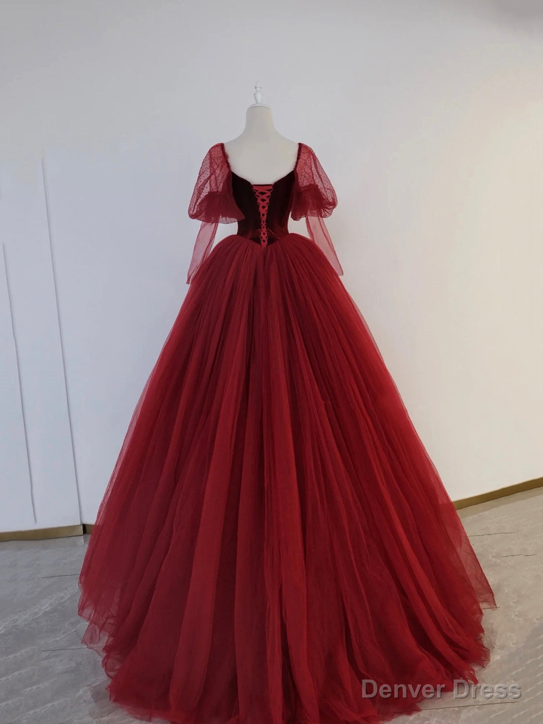 Burgundy Velvet and Tulle Floor Length Formal Dress, A-Line Long Sleeve Tulle Evening Party Dress Main image