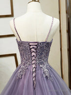 Purple Spaghetti Straps Lace Prom Dress, Lovely Tulle Corset Floor Length Evening Dress